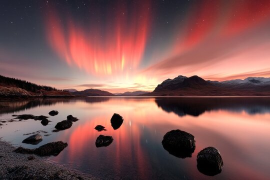 Vibrant sunset over tranquil lake with colorful sky and rocky shore in serene landscape - Powered by Adobe