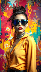 a beautiful high fashion lady with cool sunglasses in front of a crazy multicolored abstract background, dinamic scene, with white tones