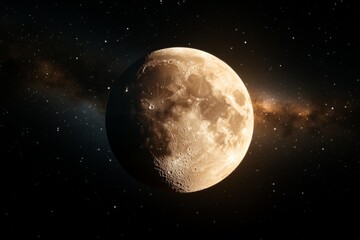 Obraz premium Bright full moon illuminates the night sky amidst distant stars and galaxies