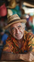 Obraz premium Man with a warm smile enjoys life's simple pleasures in a lively outdoor location, showcasing his joyful spirit