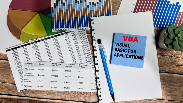 Concept of VBA - Visual Basic for Applications write on sticky notes isolated on Wooden Table.
