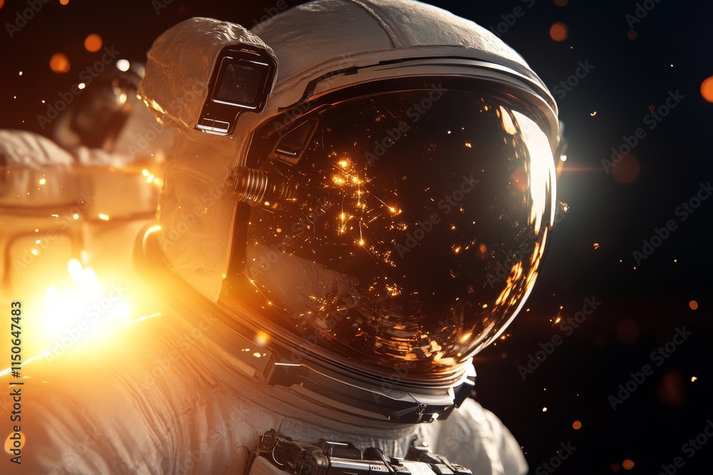 Poster astronaut in a reflective helmet exploring a cosmic environment filled with glowing particles and wa