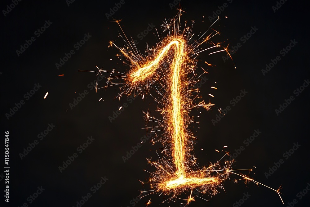 Poster sparkling numeral one illuminated against dark background
