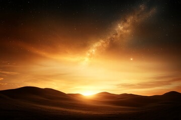 Majestic sunset over rolling dunes creates a stunning view of the galaxy above at twilight