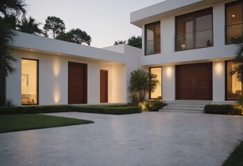 A large, beautiful white house that features a striking black roof