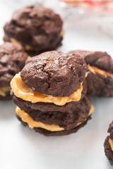 Soft brownie cookies with peanut butter cream filling 
