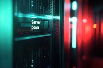 Futuristic server room illuminated by vibrant red and green ligh