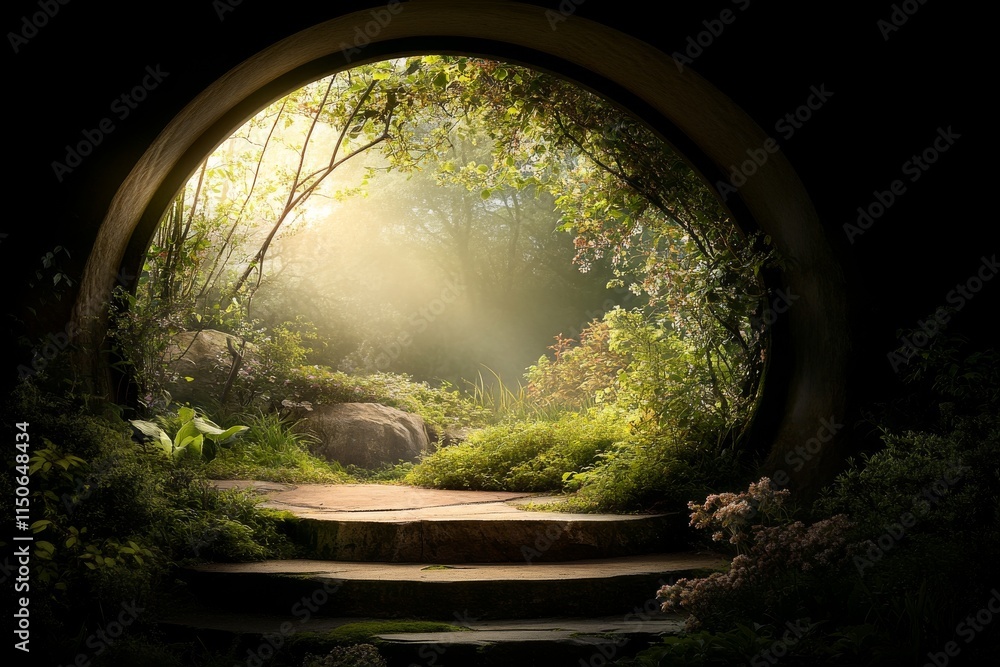 Aufkleber exploring a tranquil pathway through lush greenery and soft sunlight in a serene outdoor setting