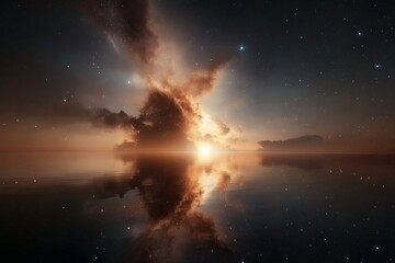 Naklejka premium Vivid celestial landscape showcases a stunning cosmic explosion over tranquil waters at dawn