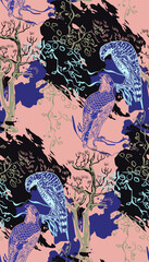 falcon branch tree japanese chinese vector design seamless pattern
