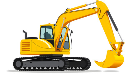 Yellow excavator flat vector illustration isolated on white background, heavy construction equipment, excavator digger machine clip art. Generative AI