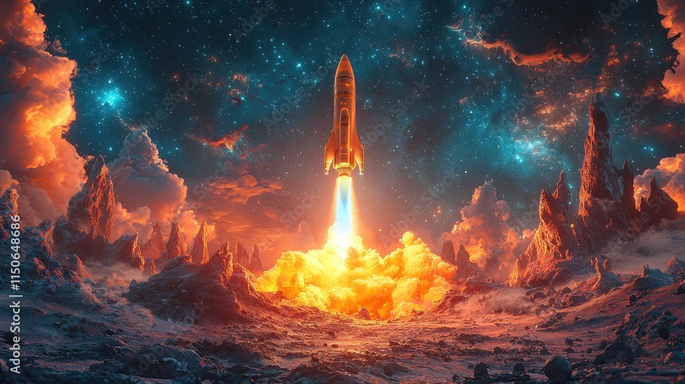 Poster rocket launch in space with colorful clouds and starry sky
