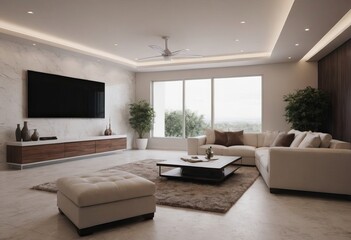 A cozy living room that features white furniture along with a flat screen TV
