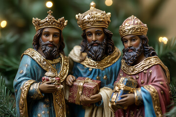 Fototapeta premium Decorative statues of the Three Wise Men with their gifts in their hands.