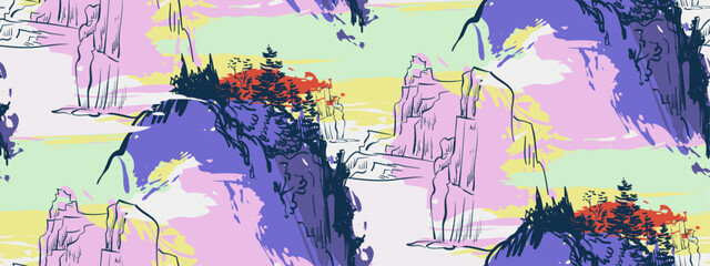 landscape cliff bay sea nature 
 japanese chinese vector design seamless pattern