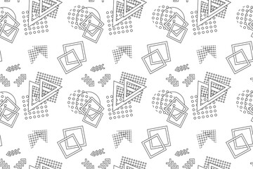 Obraz premium Black-and-white seamless pattern with geometric shapes, including triangles, squares, arrows, and circles. Designed for children s coloring pages or abstract-themed designs.