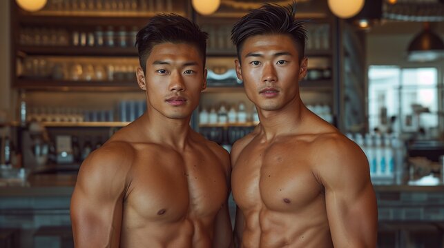 Realistic photo: two handsome Mongolian twin brothers, 21 years old, with impressive athletic physiques, make a stylish appearance in an office setting 
