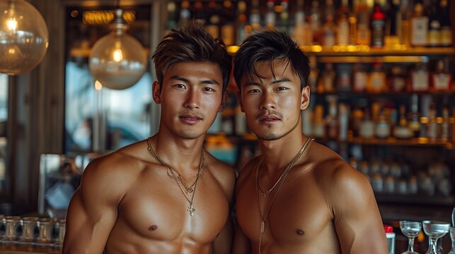 Realistic photo: two handsome Mongolian twin brothers, 21 years old, with impressive athletic physiques, make a stylish appearance in an office setting 