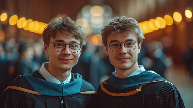 two handsome twin brothers in medical gowns standing in front of an atmospheric medical graduation