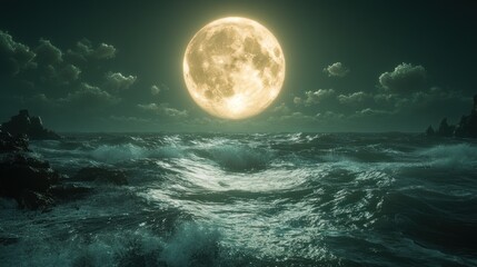 A luminous full moon illuminates turbulent ocean waves under a cloudy night sky.