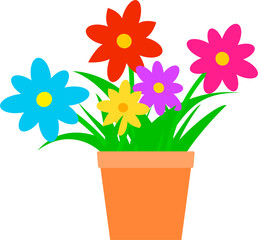 Colorful flowers in a flowerpot. Vector illustration isolated on white background.