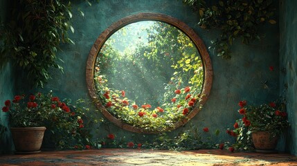 Enchanting Garden View Through Round Window Surrounded by Flowers