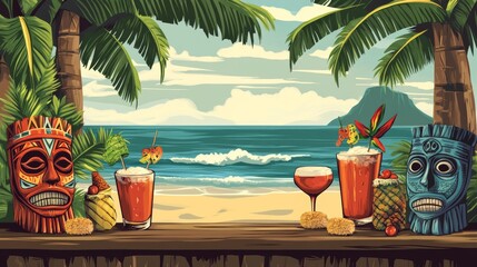 Tiki bar, wooden hut with tribal masks, drinks and snacks on summer beach. Vector cartoon tropical landscape with sea, palm trees and cafe with cocktails. Exotic vacation and travel concept