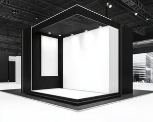 Black and white exhibition booth with blank banner, rendered in 3D