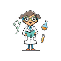 A little and cute scientist and teacher character girl cartoon and sticker type art illustration 