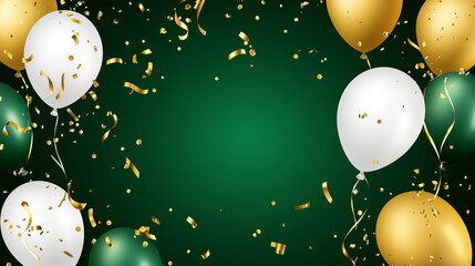 Beautiful happy birthday with balloons and confetti on a green color background