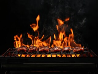 Barbecue Grill with Flames Against a Black Background