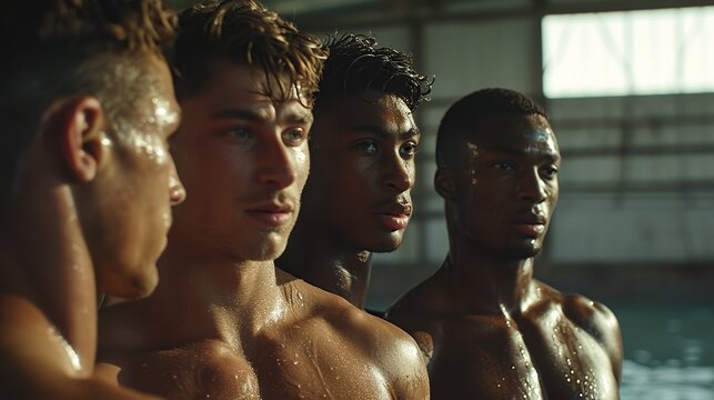 The three athletes share a moment of unity, shirtless, in high definition, reflecting their strong bond and mutual motivation