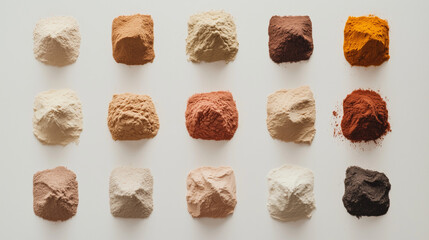 A minimalistic flatlay of colorful spices arranged in clean, geometric patterns on a matte white surface. Small piles of turmeric, paprika, cinnamon, and black pepper contrast beau