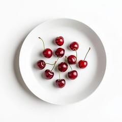 A minimalist plate of fresh cherries, neatly arranged in a simple pattern on a plain white ceramic plate, Cherries centered