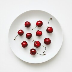 A minimalist plate of fresh cherries, neatly arranged in a simple pattern on a plain white ceramic plate, Cherries centered
