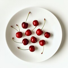 A minimalist plate of fresh cherries, neatly arranged in a simple pattern on a plain white ceramic plate, Cherries centered
