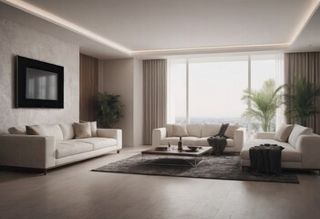 A cozy living room that features white furniture along with a flat screen TV