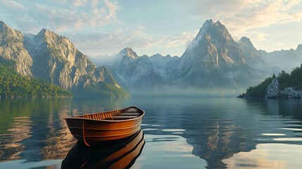 Serene water featuring boat and mountains image
