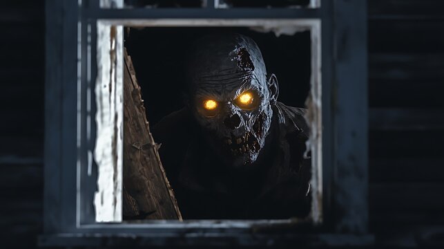 A creepy zombie monster is staring out of a window
