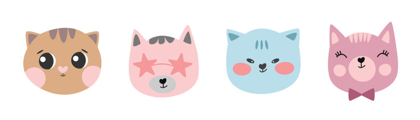 Cat vector isolated. Cute cats set, kitty with the bow tie, sunglasses. Cats in cartoon style. Vector card design template.
