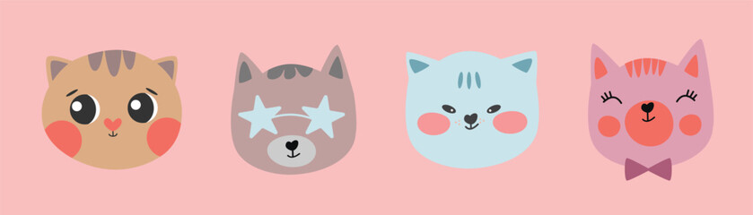 Cat vector isolated. Cute cats set, kitty with the bow tie, sunglasses. Cats in cartoon style. Vector card design template.
