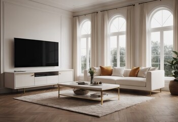 A cozy living room that features white furniture along with a flat screen TV