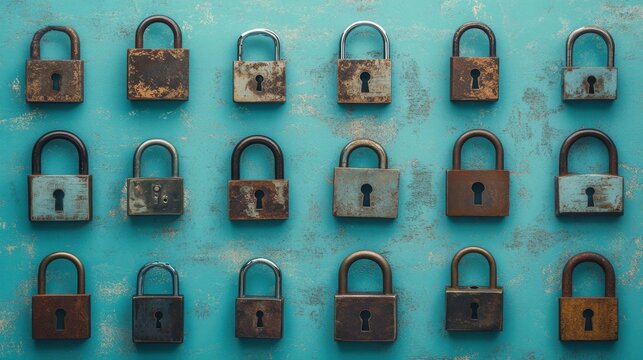 Futuristic cyber security vector illustration. Data security scanning. Wireframe locks on blue background. Padlock technology, cybersecurity, and digital encryption.