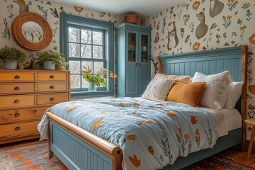 Chambre d’Enfant Fantaisie avec Tapisserie Vinyle aux Illustrations Animales Colorées, Cadre de Lit en Bois Récupéré Peint en Bleu Ciel, Commode Vintage Restaurée avec Tiroirs Multicolores