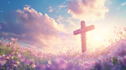 Serene easter scene: a wooden cross surrounded by pink flowers and bathed in the warm glow of the rising sun in a field