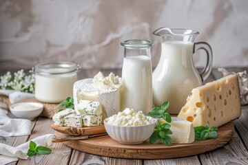 Dairy products on rustic wooden table. Assortment of most common fresh dairy products. Farmers market. From farm to table. Milk food group still life. Various kinds of cheese, butter and milk bottles