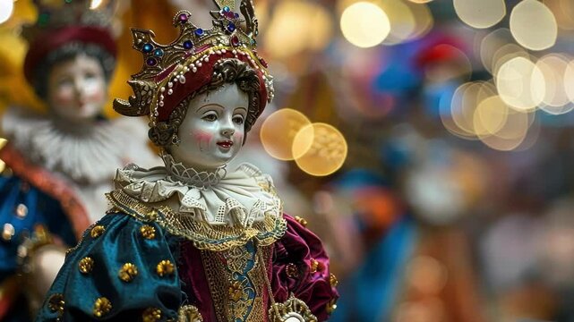 Indistinct figures in ornate clothing reenacting scenes from centuries ago.