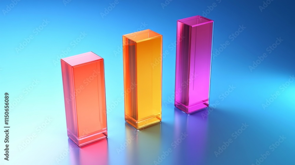 Poster colorful transparent blocks on blue background with reflection