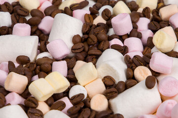 Coffee beans and colorful marshmallows.