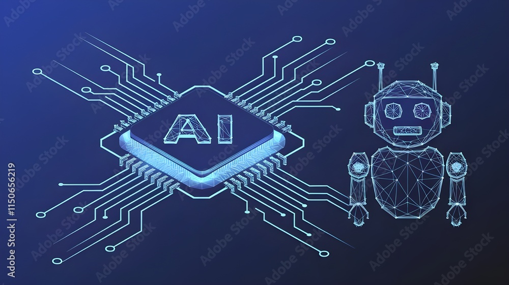 Poster ai chip and chatbot icon on technology blue background. artificial intelligence innovation concept. 